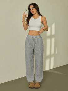 SHEIN PETITE 条纹荷叶边腰直筒九分裤，休闲度假波西米亚风长裤 - 黑與白 - 查看 11