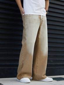 Manfinity Hypemode Jeans amples délavés avec poche inclinée pour homme grande taille - Kaki - Voir 3