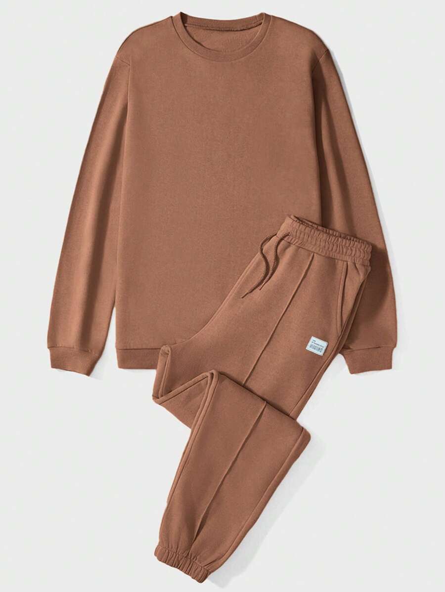 EURMUSE Men Solid Sweatshirt & Letter Patched Detail Drawstring Waist Sweatpants - Camel - View 1
