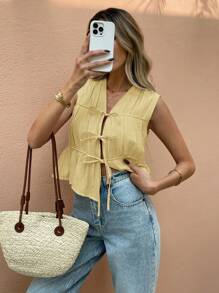 SHEIN Frenchy 女士无袖纯色衬衫，时尚夏装 - 黃色 - 查看 6