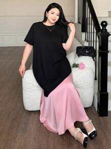 Dazy Plus Color Block Round Neck Short Sleeve A-Line Long Dress, Summer - Black - View 1