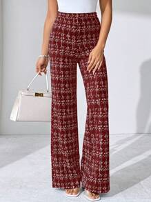 SHEIN Clasi 夏季优雅女士格纹印花弹力针织裤，适合各种场合，适合夏季度假、优雅旅行、日常通勤 - 酒紅色 - 查看 5