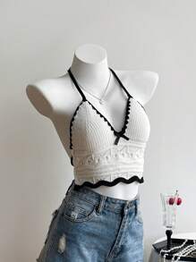 SHEIN Clasi Women's Vacation Style Elegant Hollow-Out Knitted Tie-Front Blouse, Spring/Summer - Black and White - View 4
