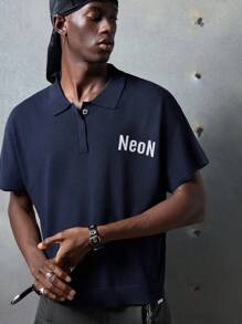 NEON BLANC 男士街头时尚蝙蝠袖 Polo 领针织毛衣，校园风，街头风版 - 藏蓝色 - 查看 4