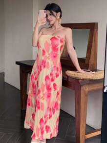 DAZY Robe midi d'été pour femmes avec imprimé floral tie-dye, bretelles spaghetti ajustée. Texture de mousseline de soie rayée, robe décontractée pour femmes, tenue de croisière - Rose vif - Voir 4