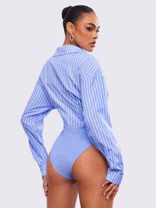 Hauture Striped Print Front Button Elegant Commuter Long Sleeve Bodysuit