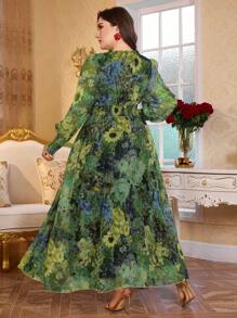 Modelyn 全新奢华优雅宽松V领长袖连衣裙 - 綠色 - 查看 2