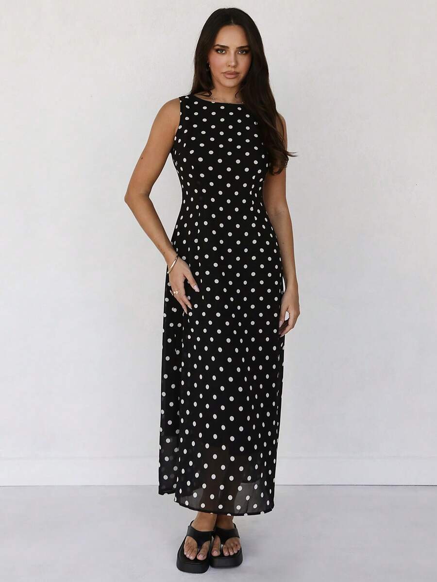 Almamuse New Polka Dot Print Elegant Round Neck Sleeveless Chiffon Dress - Black - View 1