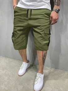 Manfinity Homme Loose Fit Men's Flap Pocket Drawstring Waist Cargo Shorts - Army Green - View 6