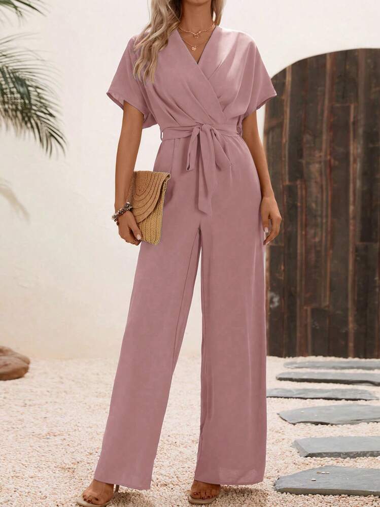 SHEIN Clasi Women's Plain Color Wrap Tie Waist Short Sleeve Jumpsuit, Summer - Dusty Pink - View 1
