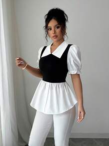 Elenzga 女士通勤装荷叶边下摆短袖上衣，撞色 - 黑與白 - 查看 6