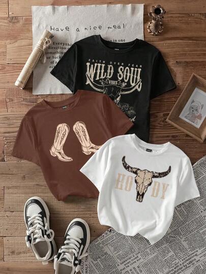 Attitoon Set de 3 camisetas de mujer de corte ceñido de cuello redondo y manga corta con estampado minimalista casual, con estampados de vaquero y botas de vaquero