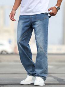 Manfinity Homme Men's Casual Regular Fit Distressed Straight Leg Jeans  Blue Jeans - Dark Wash - View 3