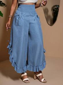 Maweii Pantalones informales casuales de talla grande con decoración de lazo y dobladillo con volantes
