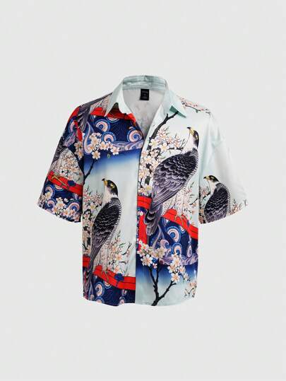 Anime قميص كاجوال قصير الأكمام ذو تصميم مربع للرجال