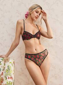 Bộ đồ lót ren gợi cảm họa tiết hoa hồng dành cho nữ - màu đen - Xem 2