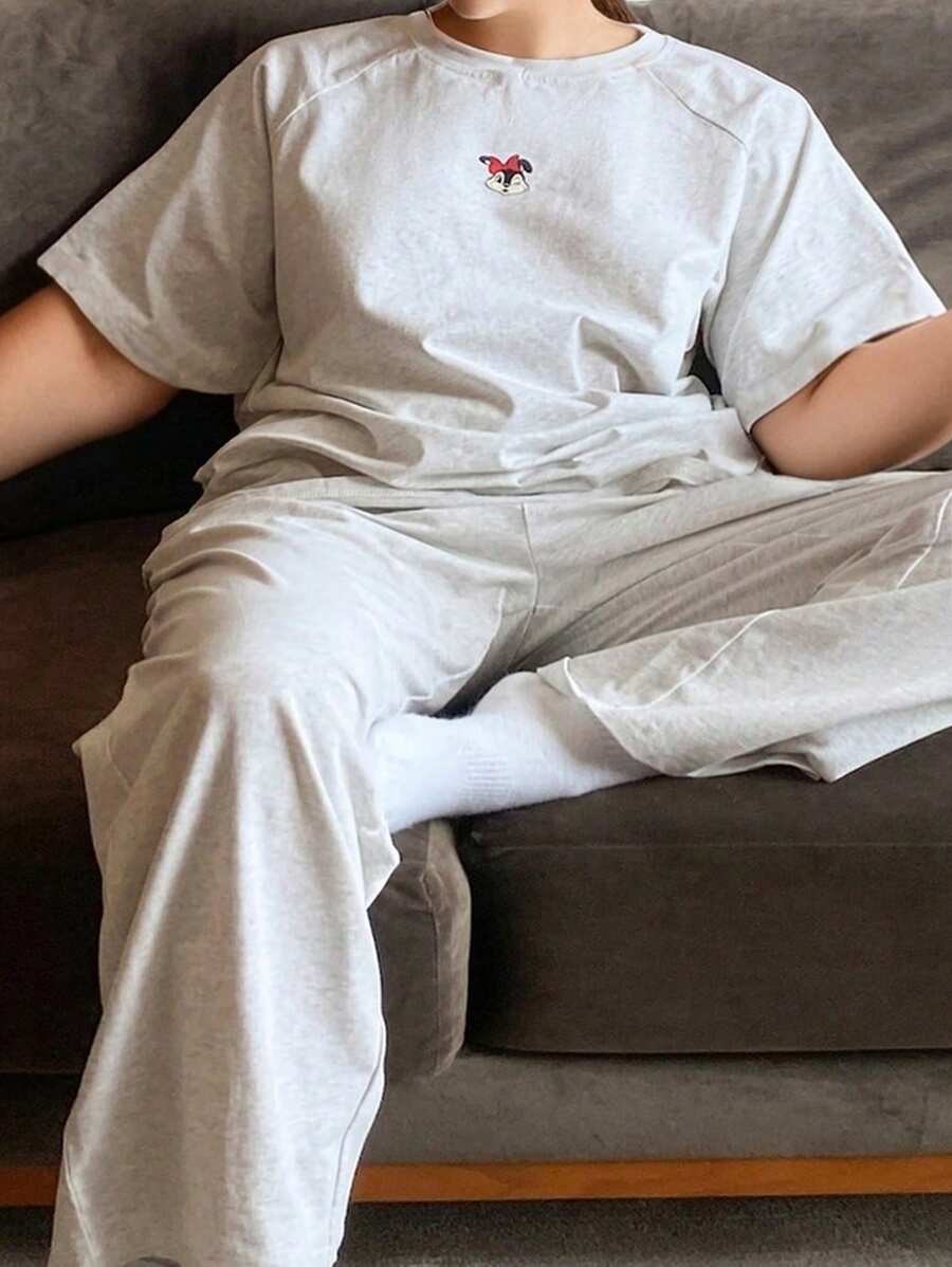 Dazy Plus 大码女式可爱卡通印花插肩袖宽松上衣和裤子睡衣套装、服装、秋装