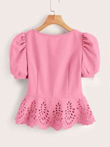 SHEIN Clasi Women's Fashion Button-Decor Square Collar Ruched Puff Sleeve Blouse - Pink - View 2