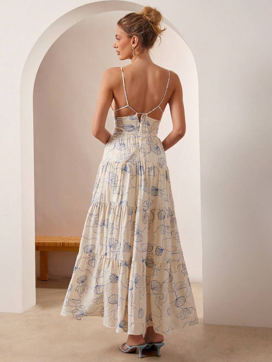 L'Amorae 贝壳刺绣白色/蓝色无袖分层露背夏季超长太阳裙，女士夏季服装，女士沙滩装