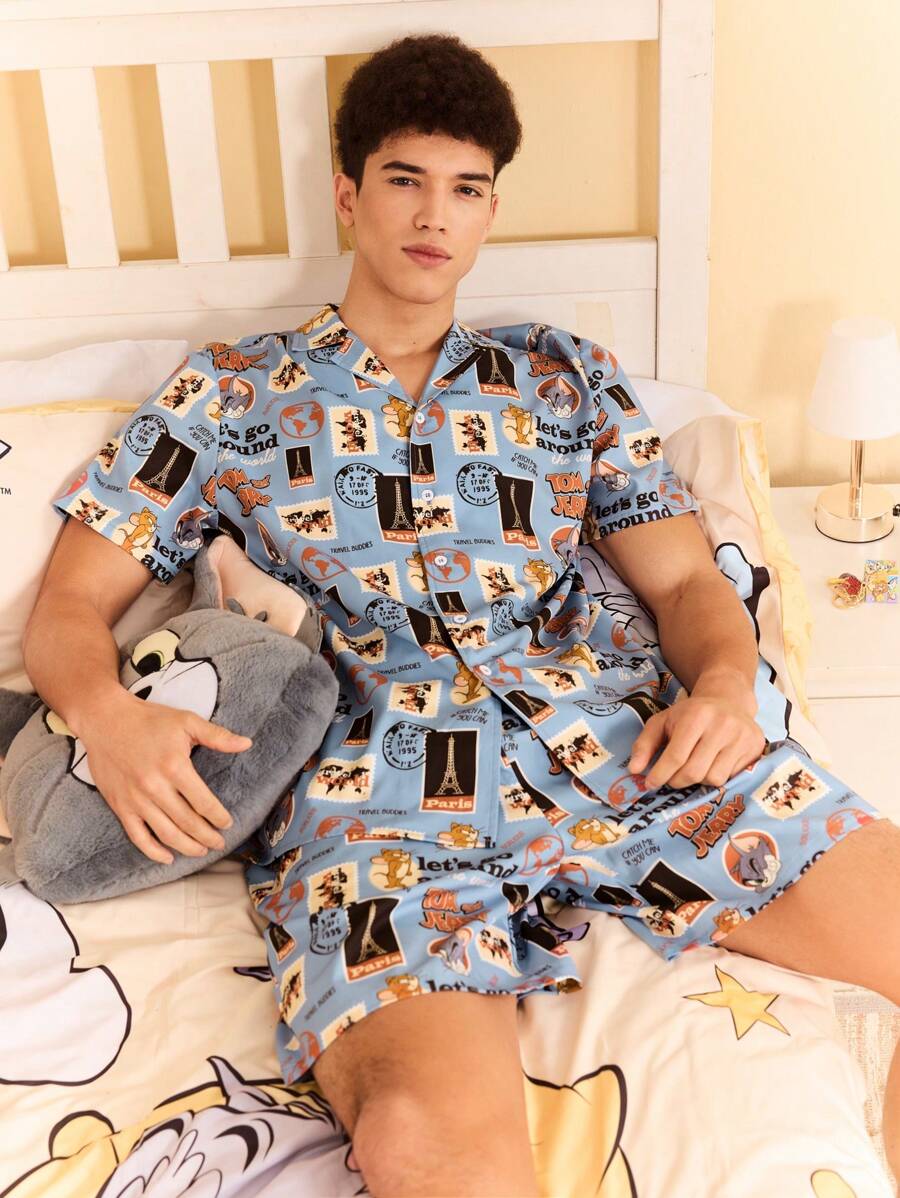 TOM & JERRY X SHEIN 2pcs Men's Summer All-Over Print Short Sleeve Top And Shorts Loungewear Set