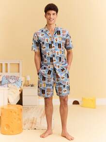 TOM & JERRY X SHEIN 2pcs Men's Summer All-Over Print Short Sleeve Top And Shorts Loungewear Set