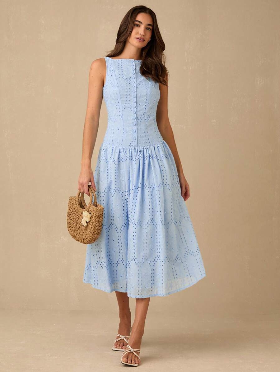 Enchnt 女士优雅镂空刺绣无袖连衣裙，夏季 - 淺藍色 - 查看 1