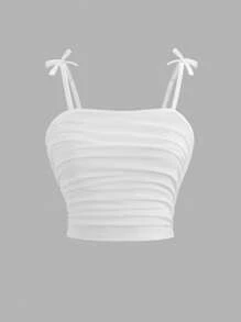 2pcs Teenage Summer Vacation Set - White Pleated Camisole Top & Blue Printed Mini Skirt
