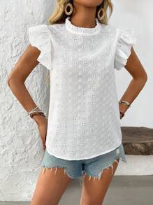 Breezaya Women's Hollow Out Embroidered Cherry Print Round Neck Cap Sleeve Blouse, Spring/Summer - White - View 5