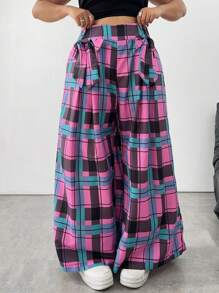 Flirla Plaid Color Contrast Waistband Bow Decor Loose Pants - Pink - View 4