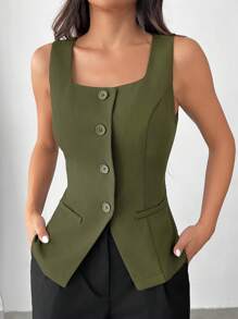 SHEIN EZwear Chaleco de traje de mujer de corte slim en color verde oliva tejido para otoño/invierno - Verde militar - Ver 1