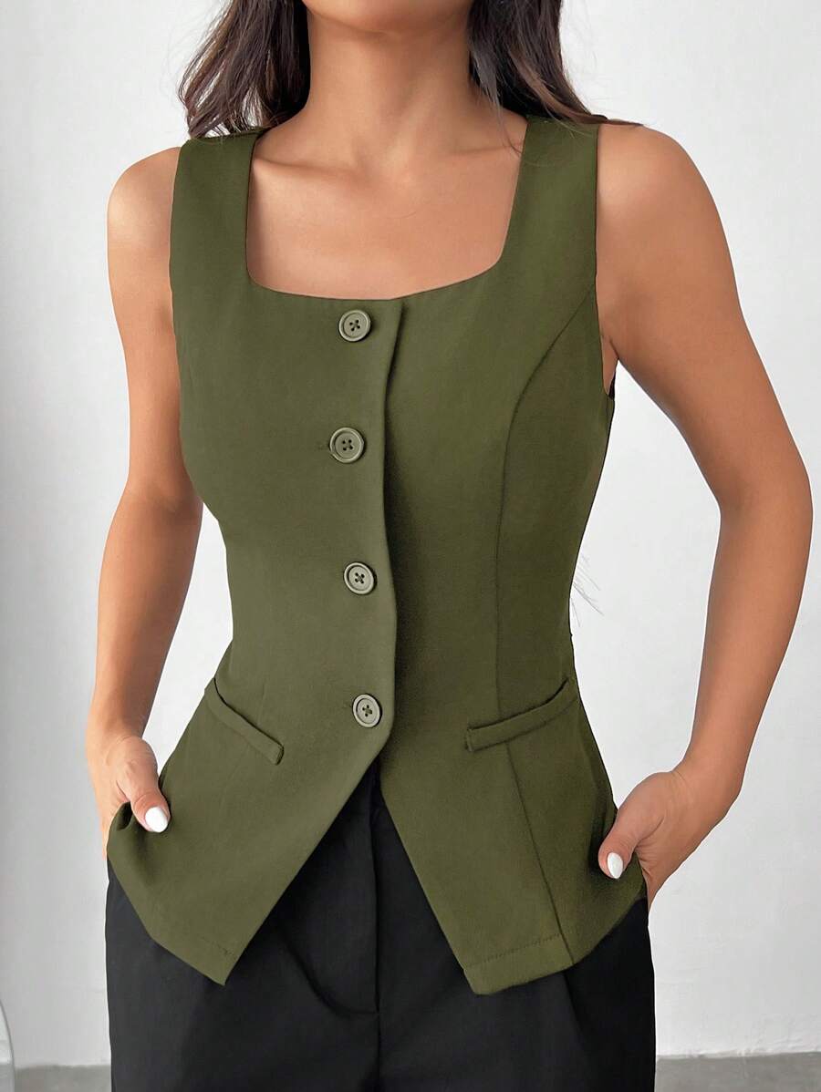 SHEIN EZwear Chaleco de traje de mujer de corte slim en color verde oliva tejido para otoño/invierno - Verde militar - Ver 1