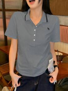 DAZY Camiseta casual de mujer de manga corta con cuello de rayas simple