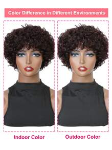 Short Curly Wave Wigs With Bangs 1BF99J# Put-On & Go Virgin Human Hair Machine Made Wig Mix Color
