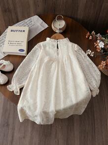 SHEIN Vestito da principessa elegante per ragazze con colletto arricciato, bordi in pizzo, ricamo, taglio ampio, doppio rivestimento, adatto per vacanza, viaggio, festa, regalo, primavera/autunno - Albicocca - Visualizzare 2