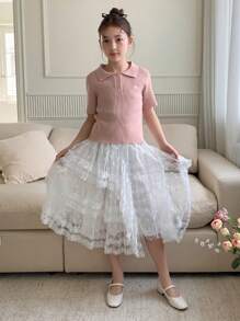 DAZY Tween Girls Turndown Collar Butterfly Embroidery Short Sleeve Sweater, Spring/Summer,Back To School Clothes - Pink - View 2