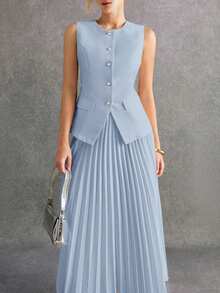 Poéselle 2 件女士单排扣纯色背心和百褶裙套装女士办公室服装商务女性服装职业女性服装百褶长裙百褶裙套装夏季优雅连衣裙灰蓝色百褶裙女士秋冬百褶裙 - 藍色 - 查看 4