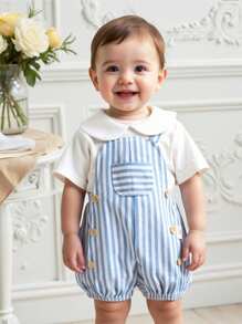 SHEIN 2pcs/Set Newborn Baby Boy/Girl Mother's Day Mommy&Me Matching Outfit - Comfortable Casual Stripe Romper Overalls & Short Sleeve Knit Top Suitable For Indoor, Outdoor, Daily, Sports, Play, Party, Photography, Festival, Wedding, 1 Month, Baptism & 1st Birthday Baby Shower - Blue and White - View 3