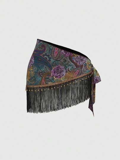 Hippie Gonna vintage da cowgirl da donna con stampa paisley, con frange di perline, orlo con allacciatura, semi-trasparente