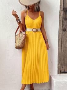 Chiquease Solid Pleated Hem Cami Dress Without Belt Maxi Women Outfit - Yellow - View 6