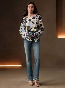 Anewsta Women Flower Hollow Knitted Long Sleeve Pullover Cover Up For Summer Beach Vacation