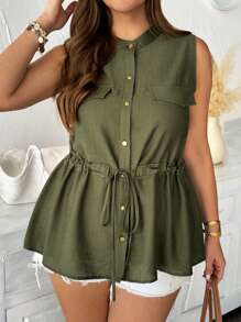 Celure Damen Bluse in Großen Größen, Frühling/Sommer Französischer Chic Eleganter Pendler Business Lässig Urlaub Einfarbig mit Stehkragen, Kordelzug in der Taille, A-Linie, offene Vorderseite mit Metalltasten, dekorative Fake-Taschen, ärmellosl