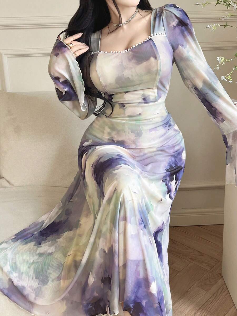 Feyla 浪漫扎染印花弹力透视夏日连衣裙