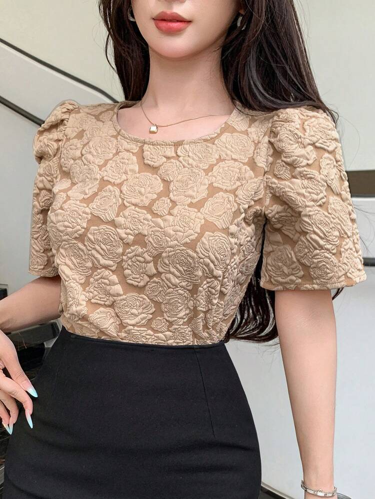Damen Rundhals Puffärmel Floral Struktur T-Shirt