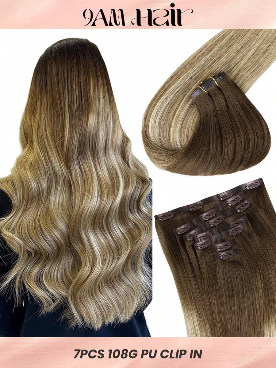 Seamless Clip Ins 7PCS Seamless PU Clip In Human Hair Extensions 100% Real Human Hair 14-22 Inch Balayage Ombre Blonde Color Skin Weft Remy Hair Extensions 110G With Clip Halloween Costumes - S3/8/613 - View 1