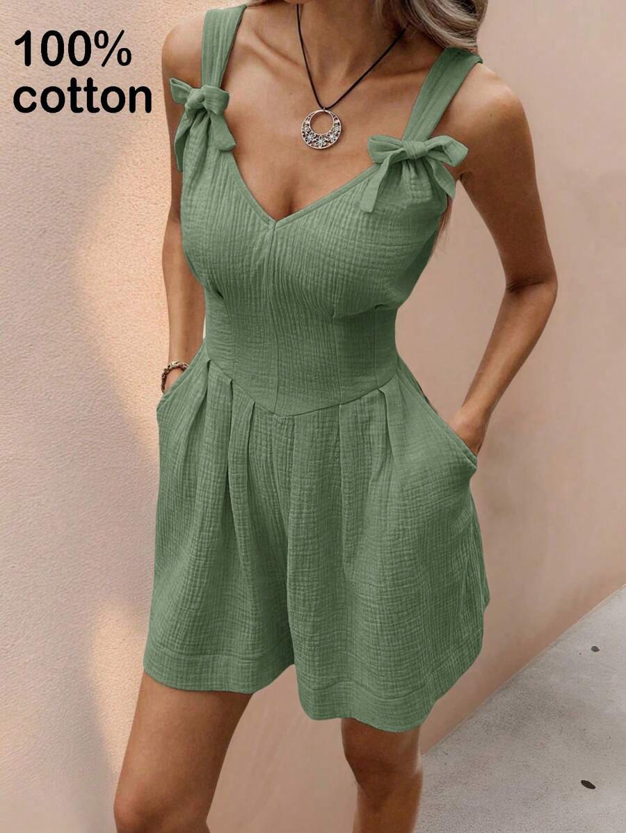 SHEIN Essnce 女士棉质连体裤，休闲假日风格，蝴蝶结设计 - 薄荷綠 - 查看 1