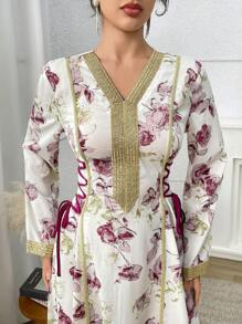 Yasmyna Women Floral Print Ribbon V-Neck Elegant Long Sleeve Arabic Dress, Modest - Multicolor - View 2