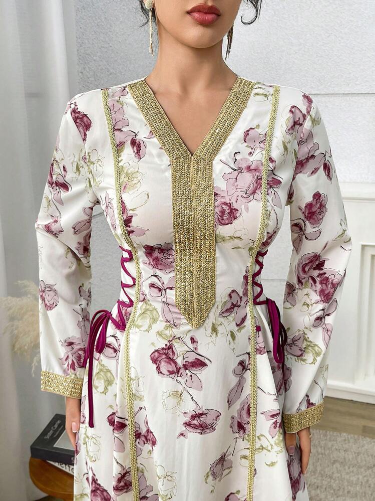 Yasmyna 女士花卉印花丝带 V 领优雅长袖阿拉伯连衣裙，端庄 - 彩色 - 查看 2