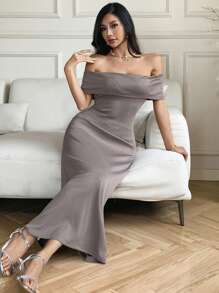 DAZY Đầm midi bó sát hở vai mùa hè cho nữ - Xám - Xem 5