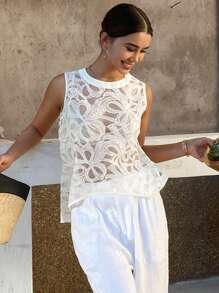 Livesso 女士蕾丝刺绣透明背心，无袖，适合度假或海滩穿着 - 白色 - 查看 3