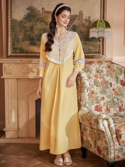 PalaceNights 撞色荷叶边缝制女士优雅蕾丝长袖睡裙，秋冬款